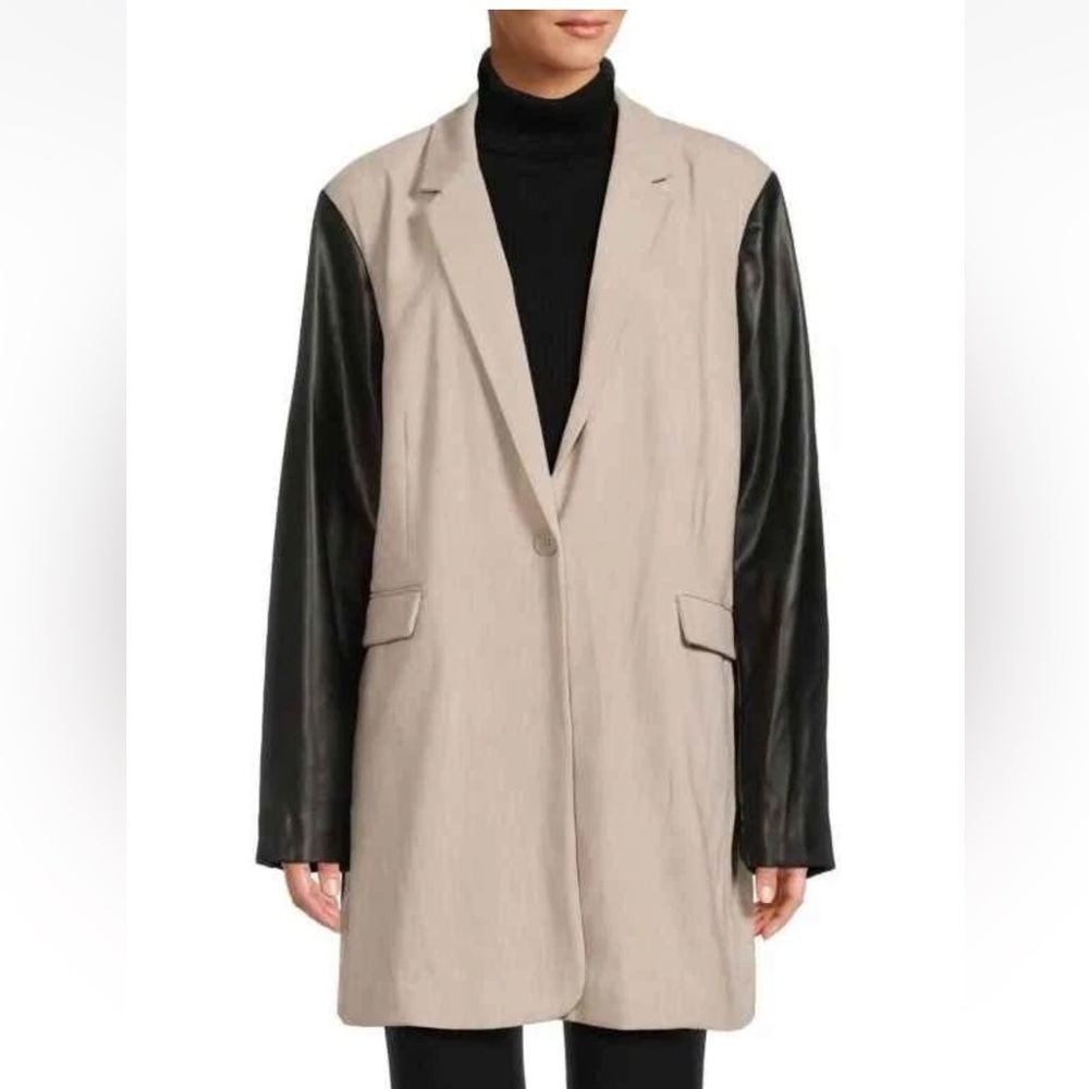 DKNY Mixed Media Faux Leather Sleeve Longline Jacket MEDIUM